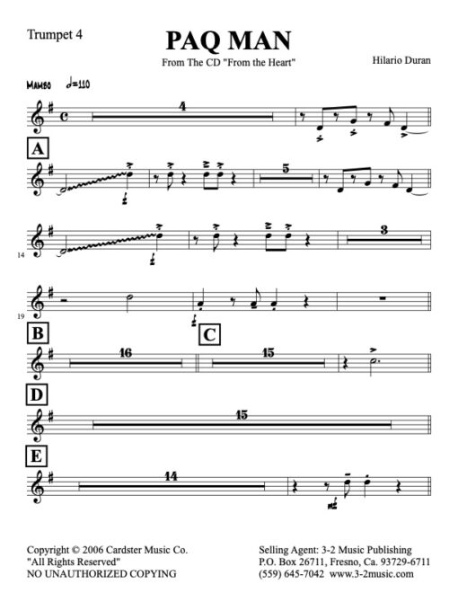 Paq Man trumpet 4 (Download) Latin jazz printed sheet music www.3-2music.com composer and arranger Hilario Durán big band 4-4-5 instrumentation