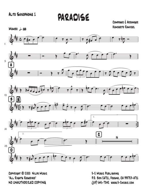 Paradise alto 1 (Download) Latin jazz printed sheet music www.3-2music.com composer and arranger Humberto Ramirez big band 4-4-5 instrumentation