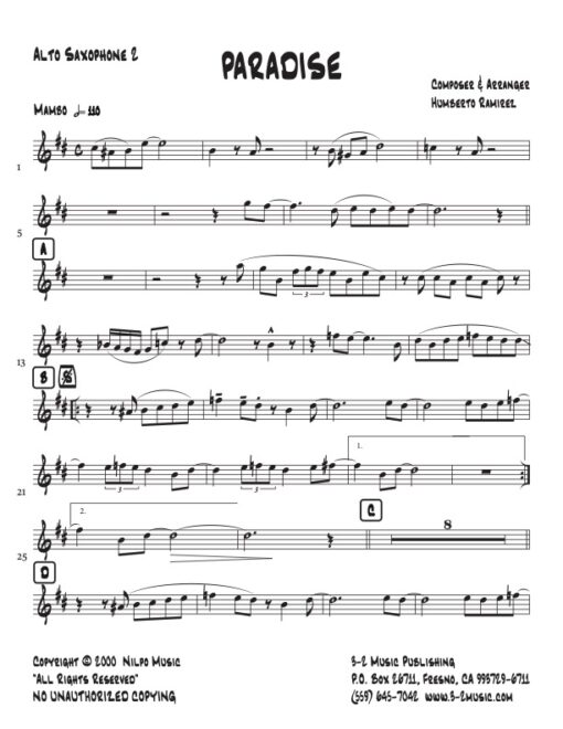 Paradise alto 2 (Download) Latin jazz printed sheet music www.3-2music.com composer and arranger Humberto Ramirez big band 4-4-5 instrumentation