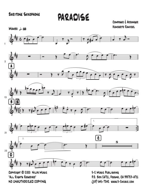 Paradise baritone (Download) Latin jazz printed sheet music www.3-2music.com composer and arranger Humberto Ramirez big band 4-4-5 instrumentation
