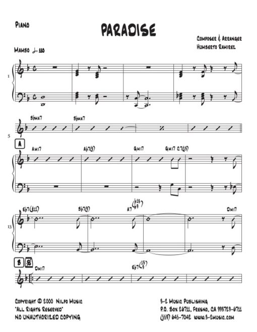 Paradise piano (Download) Latin jazz printed sheet music www.3-2music.com composer and arranger Humberto Ramirez big band 4-4-5 instrumentation