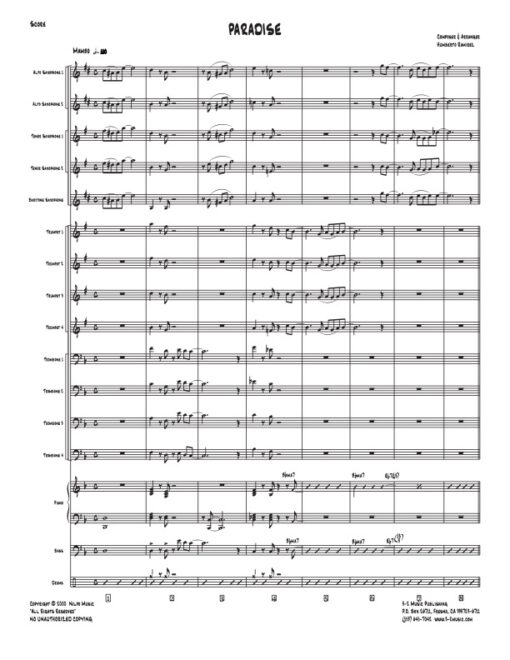Paradise score (Download) Latin jazz printed sheet music www.3-2music.com composer and arranger Humberto Ramirez big band 4-4-5 instrumentation