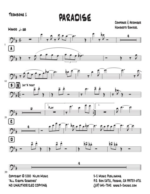 Paradise trombone 1 (Download) Latin jazz printed sheet music www.3-2music.com composer and arranger Humberto Ramirez big band 4-4-5 instrumentation