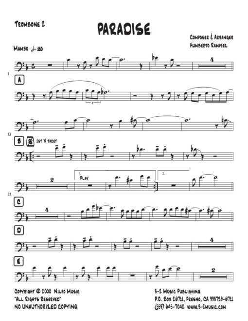 Paradise trombone 2 (Download) Latin jazz printed sheet music www.3-2music.com composer and arranger Humberto Ramirez big band 4-4-5 instrumentation
