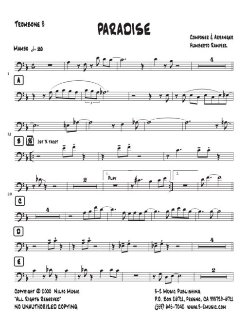 Paradise trombone 3 (Download) Latin jazz printed sheet music www.3-2music.com composer and arranger Humberto Ramirez big band 4-4-5 instrumentation