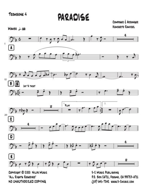 Paradise trombone 4 (Download) Latin jazz printed sheet music www.3-2music.com composer and arranger Humberto Ramirez big band 4-4-5 instrumentation