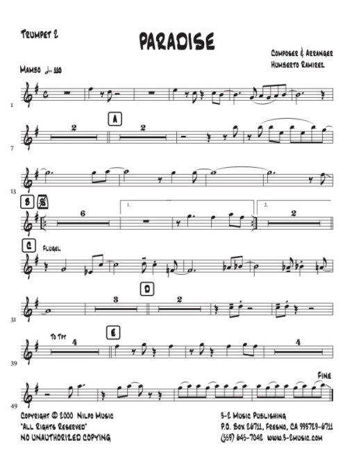 Paradise trumpet 2 (Download) Latin jazz printed sheet music www.3-2music.com composer and arranger Humberto Ramirez big band 4-4-5 instrumentation