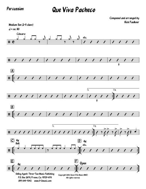 Que Viva Pacheco percussion (Download) Latin jazz printed sheet music composer and arranger Rick Faulkner big band 4-4-5 instrumentation