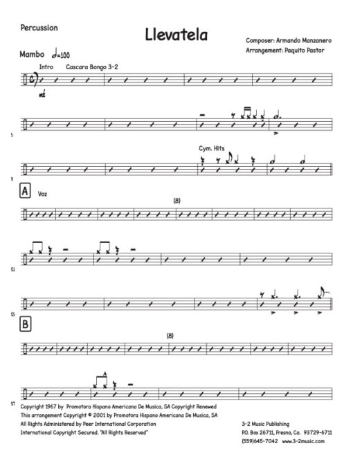 Llevatela percussion (Download) Latin jazz sheet music www.3-2music.com composer and arranger Armando Manzanero combo (nonet) instrumentation