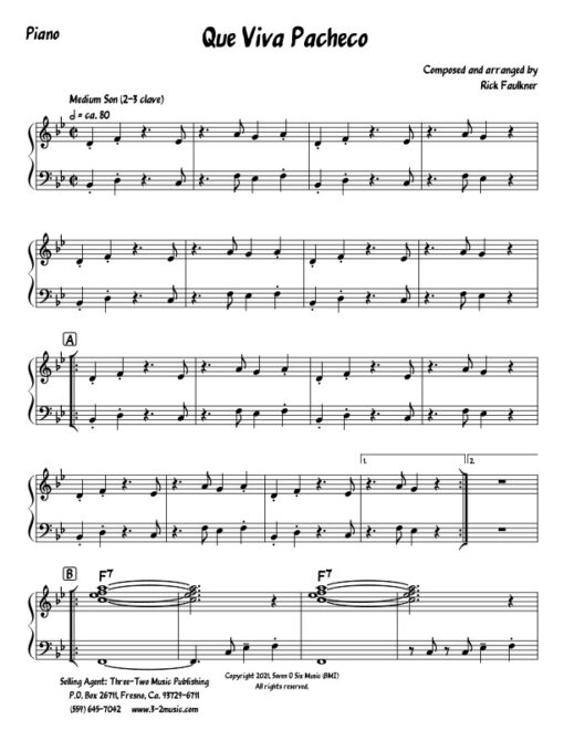 Que Viva Pacheco piano (Download) Latin jazz printed sheet music composer and arranger Rick Faulkner big band 4-4-5 instrumentation