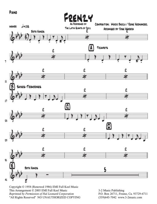 Frenzy piano (Download) Latin jazz sheet printed music www.3-2music.com composer and arranger Mario Bauzá big band 4-4-5 instrumentation