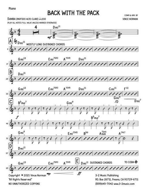 Back With The Pack V.1 piano (Download) Latin jazz printed sheet music composer and arranger Vince Norman big band 4-4-5 instrumentation