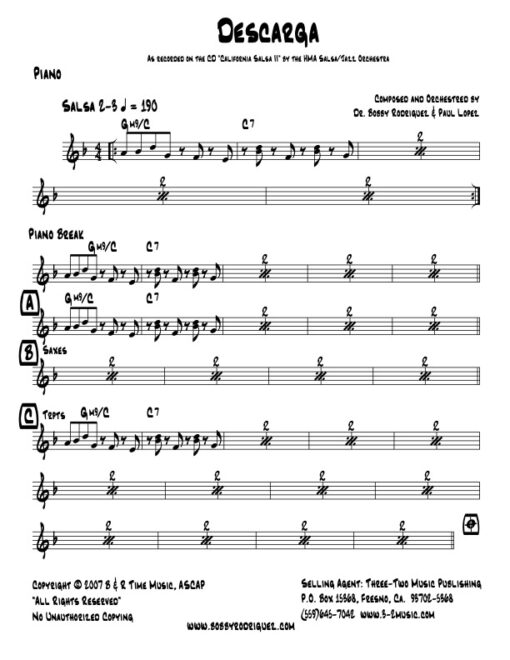 Descarga piano (Download) Latin jazz printed sheet music www.3-2music.com composer and arranger Bobby Rodriguez big band 4-4-5 instrumentation