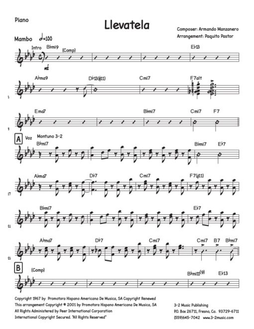 Llevatela piano (Download) Latin jazz sheet music www.3-2music.com composer and arranger Armando Manzanero combo (nonet) instrumentation