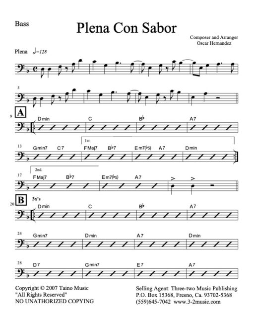 Plena Con Sabor bass (Download) Latin jazz printed sheet music www.3-2music.com composer and arranger Oscar Hernandez combo (decet) instrumentation