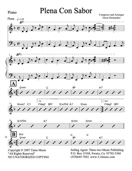 Plena Con Sabor piano (Download) Latin jazz printed sheet music www.3-2music.com composer and arranger Oscar Hernandez combo (decet) instrumentation