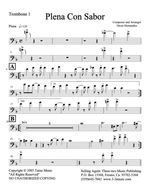 Plena Con Sabor trombone 1 (Download) Latin jazz printed sheet music www.3-2music.com composer and arranger Oscar Hernandez combo (decet) instrumentation