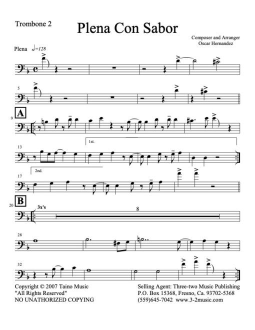Plena Con Sabor trombone 2 (Download) Latin jazz printed sheet music www.3-2music.com composer and arranger Oscar Hernandez combo (decet) instrumentation