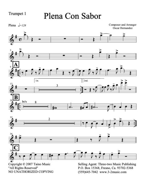 Plena Con Sabor trumpet 1 (Download) Latin jazz printed sheet music www.3-2music.com composer and arranger Oscar Hernandez combo (decet) instrumentation