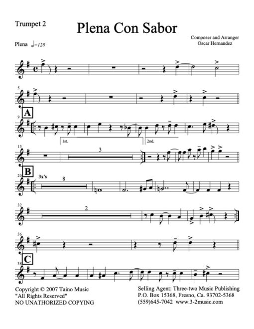 Plena Con Sabor trumpet 2 (Download) Latin jazz printed sheet music www.3-2music.com composer and arranger Oscar Hernandez combo (decet) instrumentation