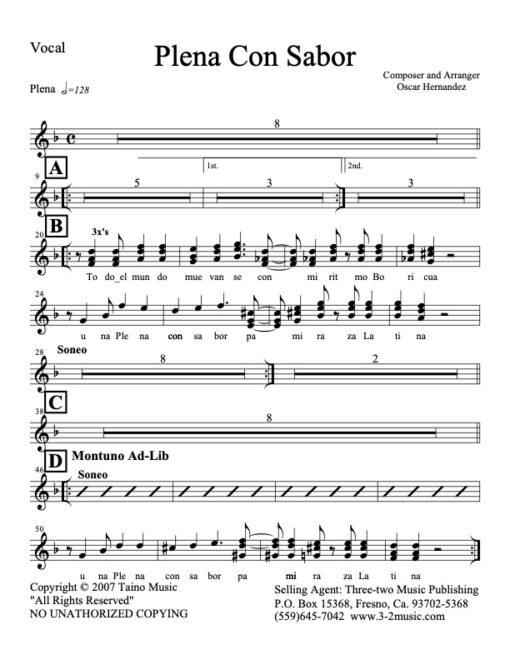 Plena Con Sabor vocal (Download) Latin jazz printed sheet music www.3-2music.com composer and arranger Oscar Hernandez combo (decet) instrumentation