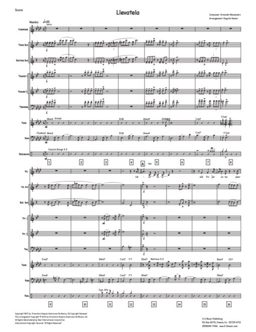 Llevatela score (Download) Latin jazz sheet music www.3-2music.com composer and arranger Armando Manzanero combo (nonet) instrumentation