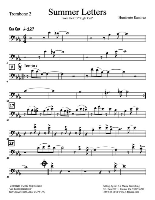 Summer Letters trombone 2 (Download) Latin jazz printed sheet music www.3-2music.com composer and arranger Humberto Ramirez big band 4-4-5