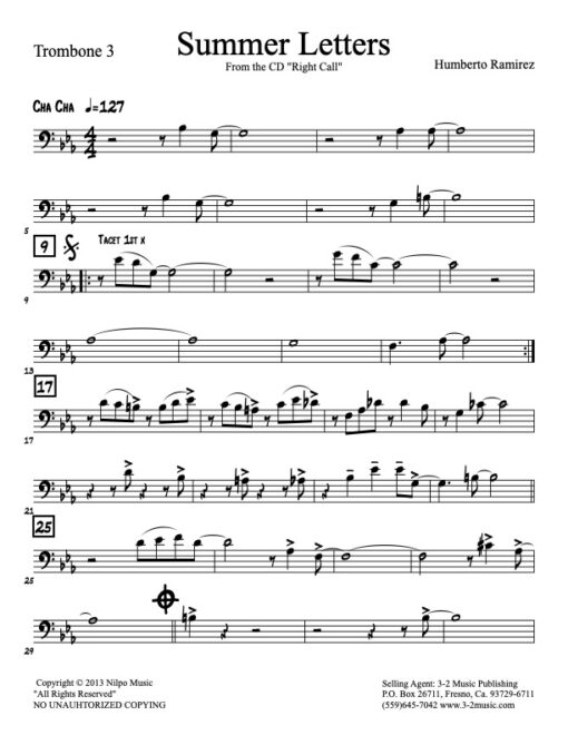 Summer Letters trombone 3 (Download) Latin jazz printed sheet music www.3-2music.com composer and arranger Humberto Ramirez big band 4-4-5