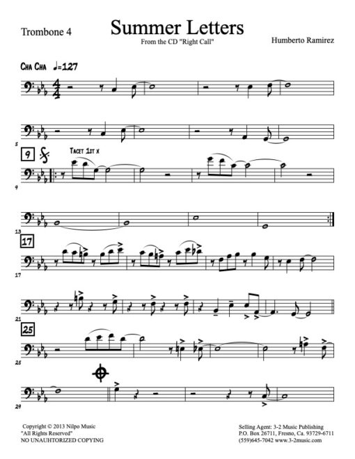 Summer Letters trombone 4 (Download) Latin jazz printed sheet music www.3-2music.com composer and arranger Humberto Ramirez big band 4-4-5