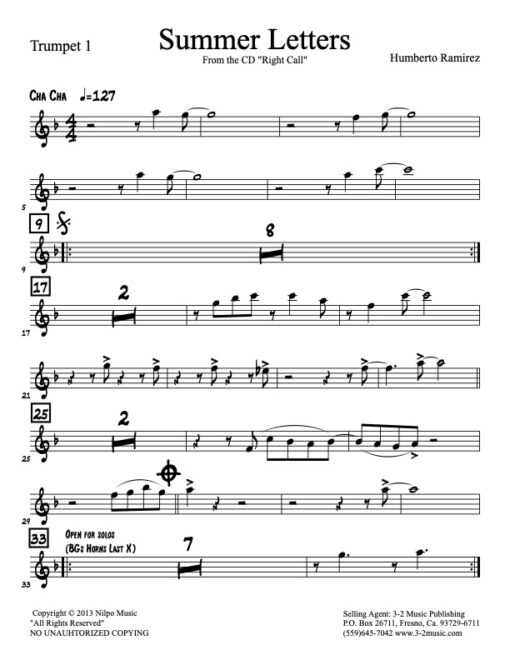 Summer Letters trumpet 1 (Download) Latin jazz printed sheet music www.3-2music.com composer and arranger Humberto Ramirez big band 4-4-5