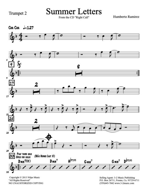 Summer Letters trmupet 2 (Download) Latin jazz printed sheet music www.3-2music.com composer and arranger Humberto Ramirez big band 4-4-5