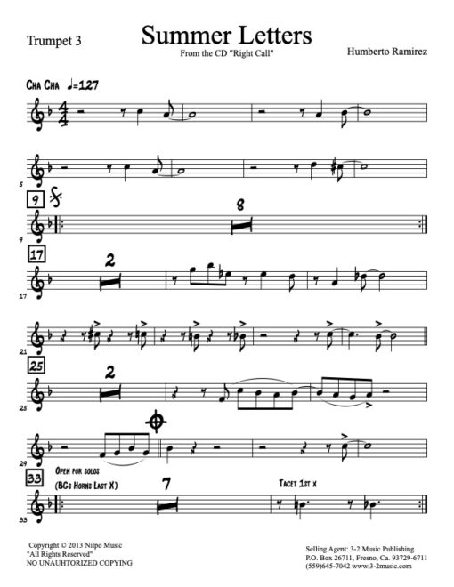 Summer Letters trumpet 3 (Download) Latin jazz printed sheet music www.3-2music.com composer and arranger Humberto Ramirez big band 4-4-5