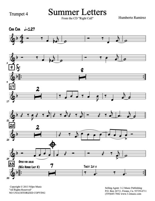 Summer Letters trumpet 4 (Download) Latin jazz printed sheet music www.3-2music.com composer and arranger Humberto Ramirez big band 4-4-5