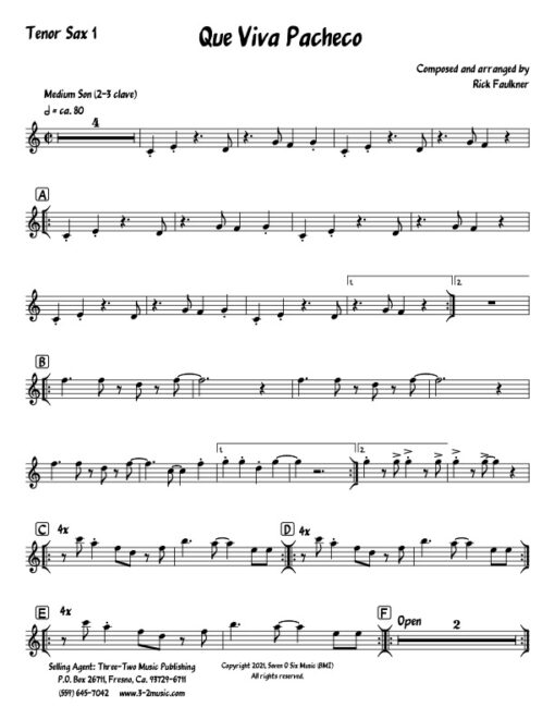Que Viva Pacheco tenor 1 (Download) Latin jazz printed sheet music composer and arranger Rick Faulkner big band 4-4-5 instrumentation