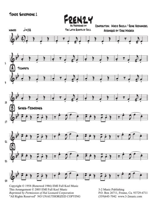 Frenzy tenor 1 (Download) Latin jazz sheet printed music www.3-2music.com composer and arranger Mario Bauzá big band 4-4-5 instrumentation