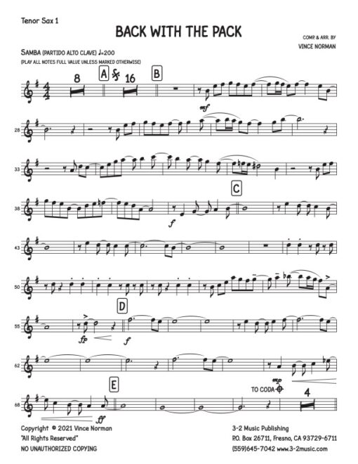 Back With The Pack V.1 tenor 1 (Download) Latin jazz printed sheet music composer and arranger Vince Norman big band 4-4-5 instrumentation