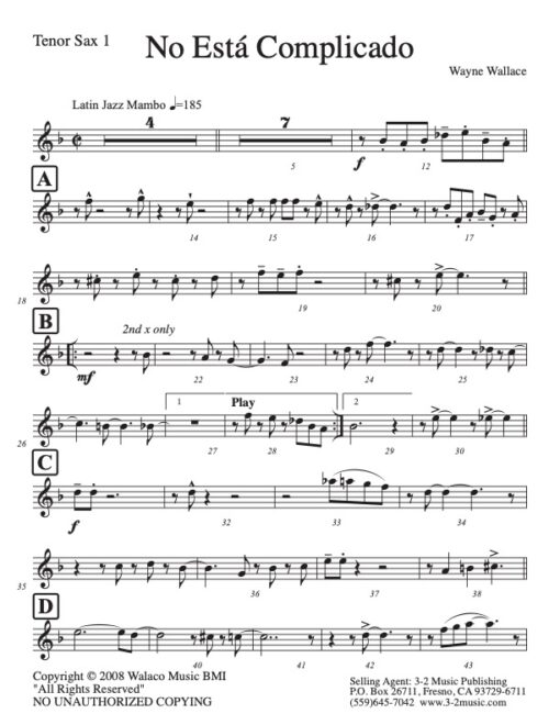 No Esta Complicado tenor 1 (Download) Latin jazz printed sheet music www.3-2music.com composer and arranger Wayne Wallace big band (4-4-5) instrumentation