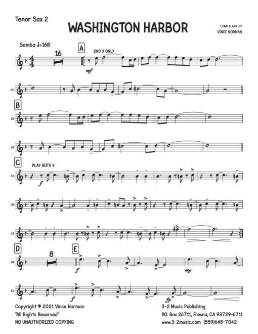 Washington Harbor tenor 2 (Download) Latin jazz printed sheet music composer and arranger Vince Norman big band 5-4-5 instrumentation