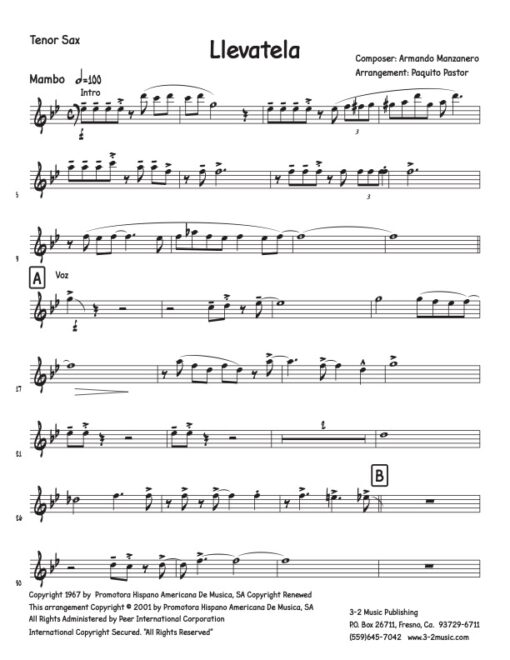 Llevatela tenor (Download) Latin jazz sheet music www.3-2music.com composer and arranger Armando Manzanero combo (nonet) instrumentation