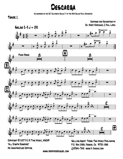 Descarga tenor 1 (Download) Latin jazz printed sheet music www.3-2music.com composer and arranger Bobby Rodriguez big band 4-4-5 instrumentation