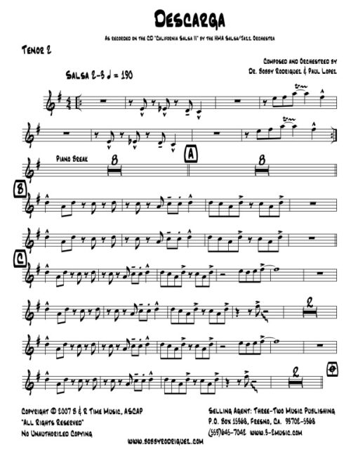 Descarga tenor 2 (Download) Latin jazz printed sheet music www.3-2music.com composer and arranger Bobby Rodriguez big band 4-4-5 instrumentation