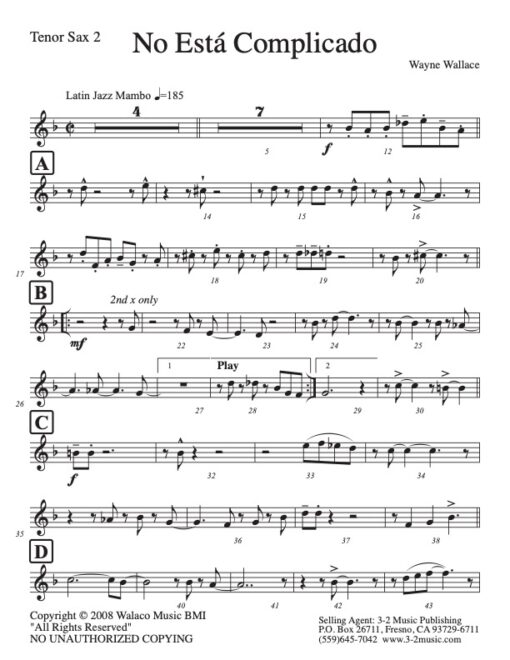 No Esta Complicado tenor 2 (Download) Latin jazz printed sheet music www.3-2music.com composer and arranger Wayne Wallace big band (4-4-5) instrumentation
