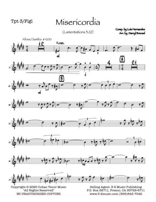 Misericordia trumpet 3/flugel Latin jazz printed sheet music composer and arranger Luis Hernández big band 4-4-5 instrumentation