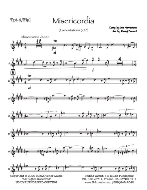 Misericordia trumpet 4/flugel Latin jazz printed sheet music composer and arranger Luis Hernández big band 4-4-5 instrumentation