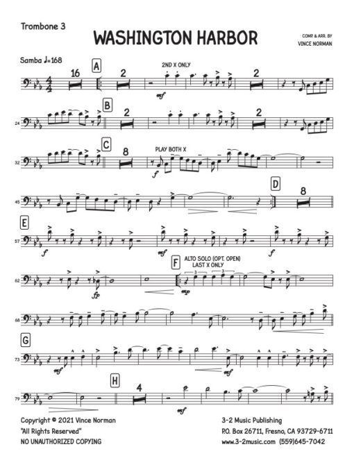 Washington Harbor trombone 3 (Download) Latin jazz printed sheet music composer and arranger Vince Norman big band 5-4-5 instrumentation