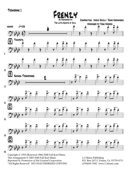 Frenzy trombone 1 (Download) Latin jazz sheet printed music www.3-2music.com composer and arranger Mario Bauzá big band 4-4-5 instrumentation