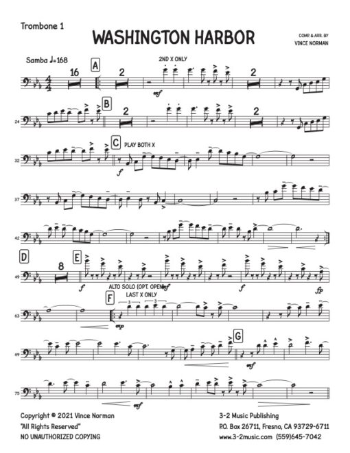 Washington Harbor trombone 1 (Download) Latin jazz printed sheet music composer and arranger Vince Norman big band 5-4-5 instrumentation