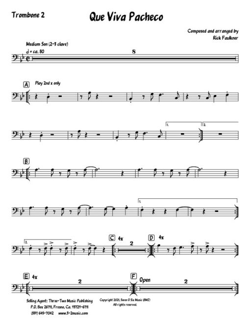 Que Viva Pacheco trombone 2 (Download) Latin jazz printed sheet music composer and arranger Rick Faulkner big band 4-4-5 instrumentation
