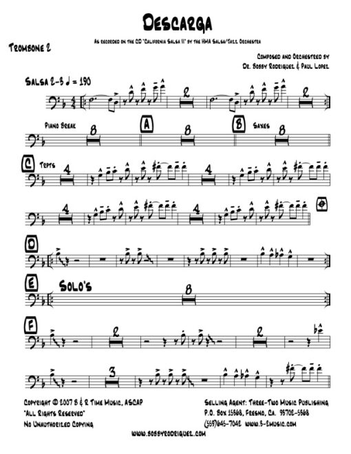 Descarga trombone 2 (Download) Latin jazz printed sheet music www.3-2music.com composer and arranger Bobby Rodriguez big band 4-4-5 instrumentation