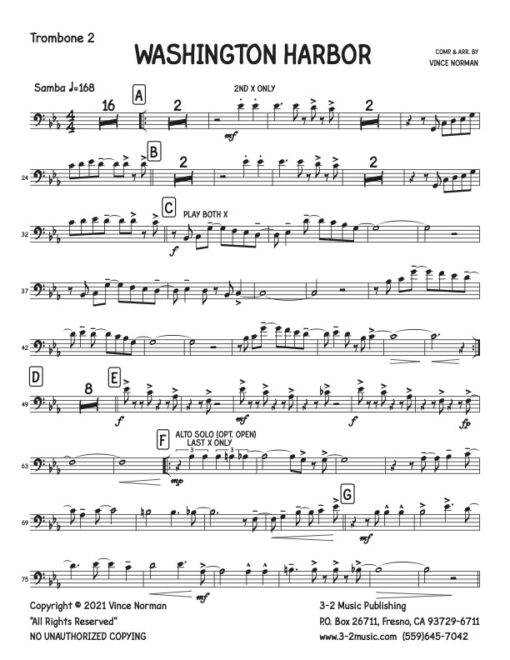 Washington Harbor trombone 2 (Download) Latin jazz printed sheet music composer and arranger Vince Norman big band 5-4-5 instrumentation